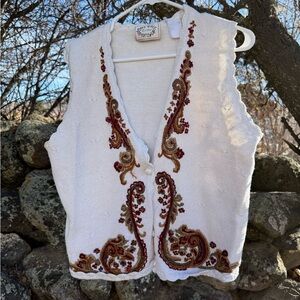 Erika Cream Knit Vest with Red and Brown Embroidery